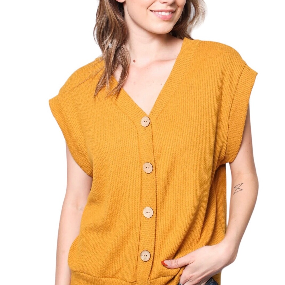 Women’s Mustard Color Knitted Button Down Front Sweater Vest Sleeveless Top